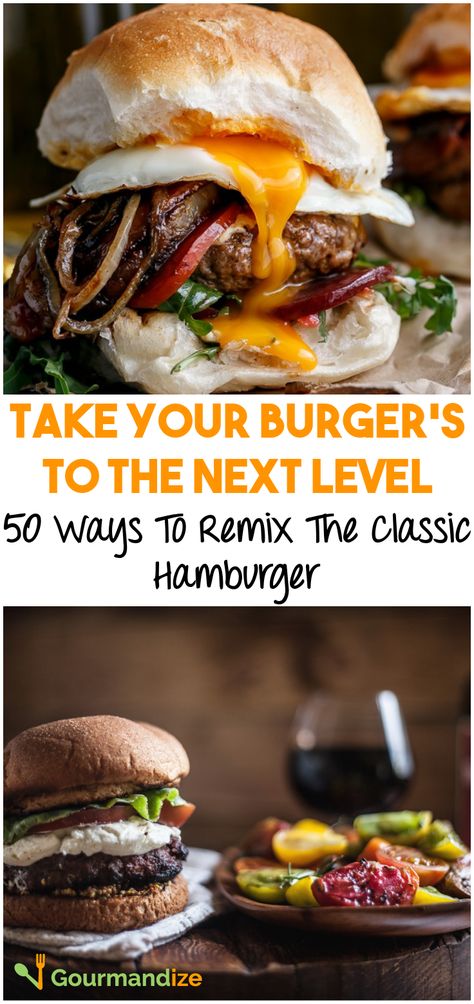 The classic hamburger is a canvas for creative foodies. Bust out of your boring hamburger routine with these 50 innovative twists! Hamburger Ideas Creative, Burger Names, Classic Hamburger, Tofu Burger, Classic Burger, Soft Egg, Fresh Guacamole, Bistro Food, Burger Toppings