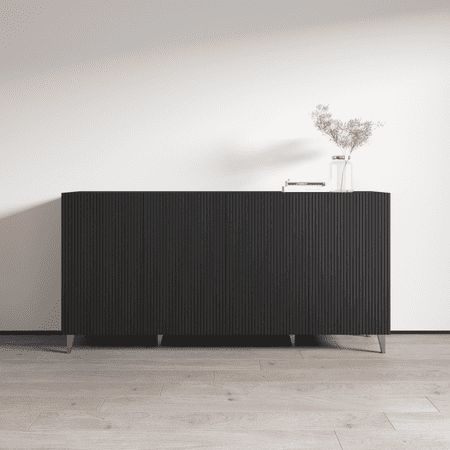 Pafos 4D 75" Sideboard - Modern Sideboard / Buffet / Credenza Matte fronts with matte body Manufactured in and imported from the European Union Modern and unique contemporary design Perfect for those in need of living room storage space Flat packed and ready to ship Dimensions: 32.3 inches height x 75 inches width x 15.7 inches depth Color: Black. Media Bookcase, Bookcase Modern, Modern Sideboard Buffet, Sideboard Black, Masculine Bedroom, Shelf Cabinet, Wide Sideboard, Buffets And Sideboards, Light System