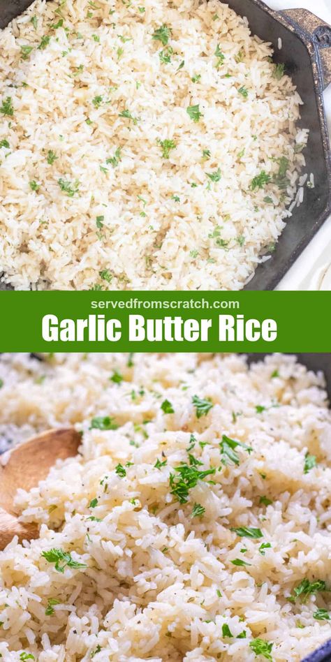 A simple and delicious rice recipe that can be made in just 25 minutes! Our Garlic Butter Rice is so fluffy and flavor-packed, that you'll be surprised at how easy it is to make! Creamy Rice Pilaf Recipe, White Minute Rice Recipes, The Best Rice Recipe, How To Make Good Rice, Roasted Garlic Rice, Creamy Garlic Rice, How To Make Rice Pilaf, Flavored White Rice Recipes, Garlic White Rice