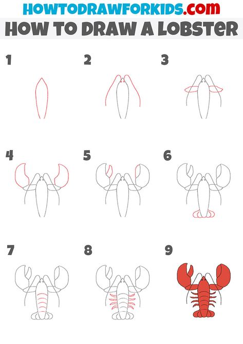 How To Draw A Lobster Step By Step, Lobster Tail Drawing, How To Draw A Crawfish Step By Step, Lobster Painted Rock, Simple Lobster Drawing, Lobster Painting Easy, How To Draw A Lobster, Draw Lobster, Lobster Drawing Simple