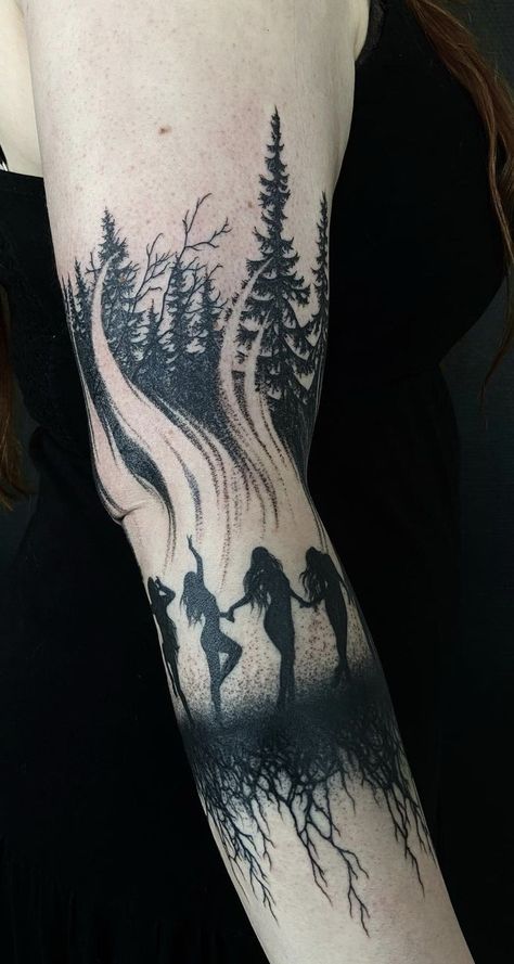 Too Forearm Tattoo, Pagan Leg Tattoo, Earth Witch Tattoo Ideas, Witchcraft Tattoo Sleeve, Witchy Half Sleeve Tattoo, Witchy Leg Sleeve Tattoo, Spooky Sleeve Tattoos For Women, Pagen Tattoos, Pagan Tattoo For Women