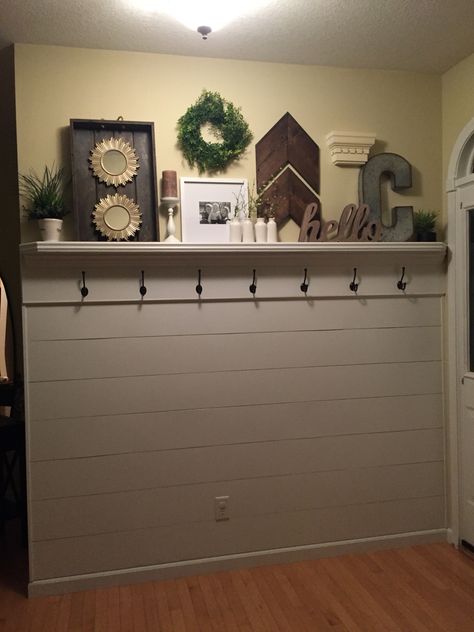 Shiplap entryway with shelf and hooks Coat Shelf With Hooks, How To Style Wall Hooks, Coat Hook Shelf Decor, Entryway Slanted Wall, Entryway Wall Shelf With Hooks, Entryway Ideas With Shiplap, Floating Shelves Foyer Entryway, Shiplap With Picture Ledge, Entry Way Shelf With Hooks