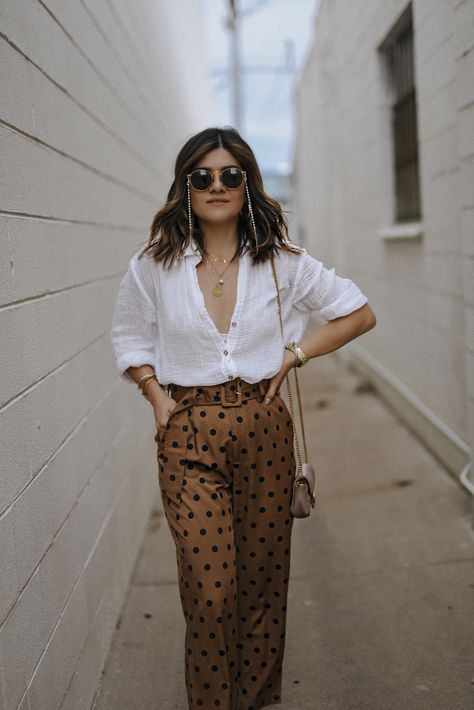 THE CHICEST POLKA DOT PANTS YOU COULD EVER OWN | polka dot pants outfit summer | how to wear polka dot pants | neutral outfit ideas summer | linen shirt outfit summer | trouser pants outfit summer | chic summer outfits | summer street style | CHIC TALK #polkadots #summeroutfits Polka Dot Pants Outfit, Linen Shirts Women Outfits, Trouser Pants Outfits, Linen Shirt Outfit, Female Manager, Summer Linen Shirt, Dots Outfit, Shirt Outfit Summer, Dots Fashion