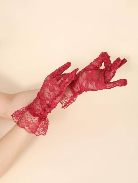 Burgundy  Collar  Lace   Embellished   Women Accessories Red Lace Gloves, Queen Style, Lace Gloves, Burgundy Lace, Red Queen, Lace Ruffle, Red Lace, Style Board, Ruffle Trim