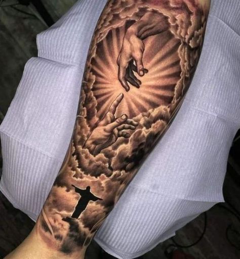 Adam hands in clouds with halo forearm tattoo Hand Of God Tattoo, The Creation Of Adam Tattoo, Jesus Hand Tattoo, Michelangelo Tattoo, Creation Of Adam Tattoo, Adam Tattoo, Armor Of God Tattoo, Cloud Tattoo Sleeve, Tatto Sleeve