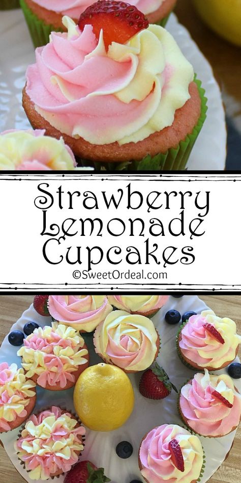 Strawberry Lemonade Frosting, Cupcakes With Fruit Filling, New Cupcake Flavors Ideas, Lemon Strawberry Cupcakes, Strawberry Cupcake Ideas, Cupcakes With Fruit On Top, Gourmet Cupcakes Flavors, Lemonade Cupcake Recipe, Filled Cupcake Recipes