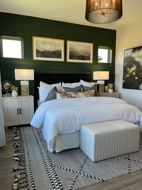 Emerald Green Primary Bedroom, Hunter Green And Grey Bedroom, Cream And Forest Green Bedroom, Jasper Green Bedroom, Dark Forest Green Accent Wall, Emerald Green Guest Bedroom, Pine Green Accent Wall, Green Black Neutral Bedroom, Green Colored Bedroom