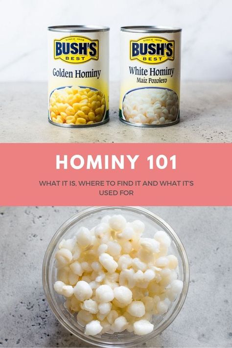 Hominy is a key ingredient in many Mexican dishes, but what exactly is it? Why does it look like corn, but have a unique taste and texture? We're going to give you the facts and show you how to prepare this delicious corn-based food! #hominy #mexican Fried Hominy Recipes, White Hominy Recipes, Canned Hominy Recipes, Latin Meals, Hominy Recipes, Luscious Recipes, Canned Hominy, Isabel Eats, Southwest Recipes