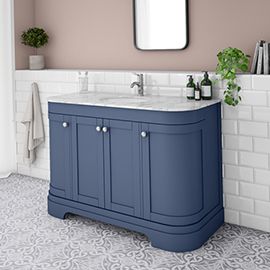 Blue Vanity Unit Bathroom, Traditional Downstairs Toilet Ideas, Master Bath With Blue Vanity, Curved Vanity Unit, Planted Bathroom, Bathroom Ideas Blue Vanity, Bathroom Basin Cabinets, Victorian Bathroom Vanity, Bold Bathroom Ideas