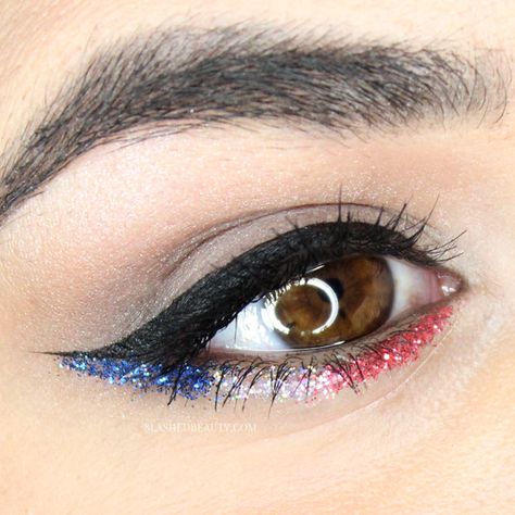 Take inspiration from this makeup for Fourth of July and add a little American spirit to your look with red, white and blue glitter. | Slashed Beauty Patriotic Makeup, July Makeup, 4th Of July Makeup, Blue Makeup Looks, Holiday Makeup, Blue Sparkles, American Spirit, Blue Makeup, Glitter Makeup