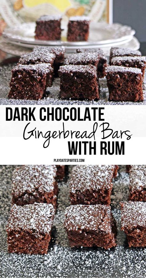 Dark Gingerbread Cookies, Chocolate Gingerbread Cake, Gingerbread Bars Recipe, Christmas Bars And Squares, Rum Brownies, English Dessert Recipes, Gingerbread Desserts, Gingerbread Bread, Gingerbread Brownies