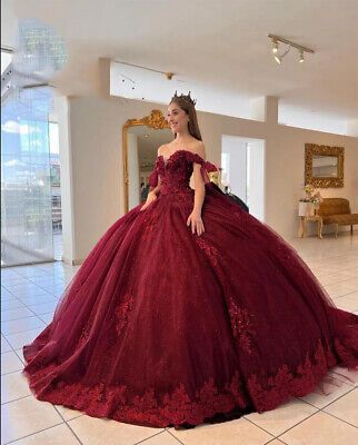 Red Off Shoulder Dress Princess Sweetheart Gothic Glitter Vestidos 16 Ball Gowns  | eBay Burgundy Quince Dresses, Dark Red Quinceanera Dresses, Red Princess Dress, Quinceanera Red, Burgundy Quinceanera Dresses, Quinceanera Dresses Red, Red Off Shoulder Dress, Quinceanera Dresses Gold, Mexican Quinceanera Dresses