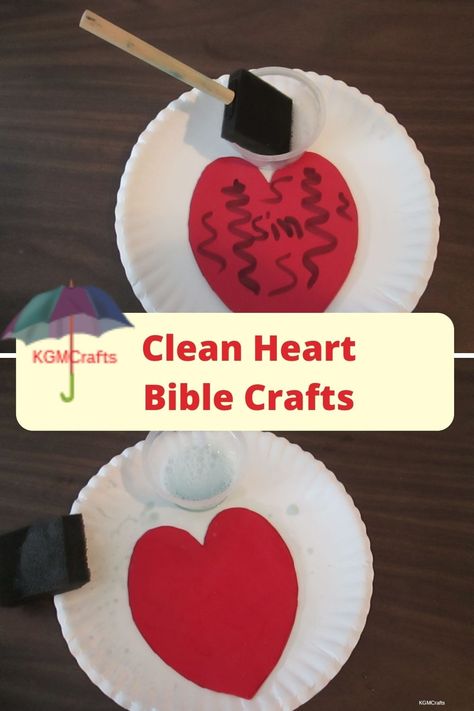 Clean heart Bible crafts are great for Sunday School lessons. Most are easy enough for preschoolers. #biblecraftsforkids February Childrens Church Lessons, Easy Heart Crafts For Kids, Craft On Forgiveness, Valentines Bible Craft, February Sunday School Lessons For Kids, Prek Sunday School Lessons, Valentine Sunday School Crafts, Create In Me A Clean Heart Craft, Jesus Forgives Craft