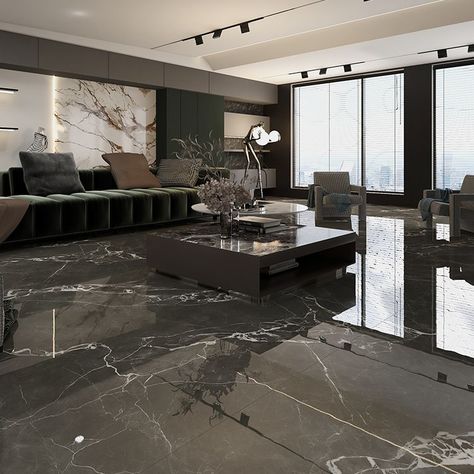 Rectangle Floor and Wall Tile Marble Printed Polished Porcelain Tile Black Marble Living Room, Marble Floor Living Room, Dark Floor Living Room, Luxury Marble Flooring, Marble Interior Design, Black Marble Floor, Glossy Tiles, Modern Tile Designs, Italian Marble Flooring