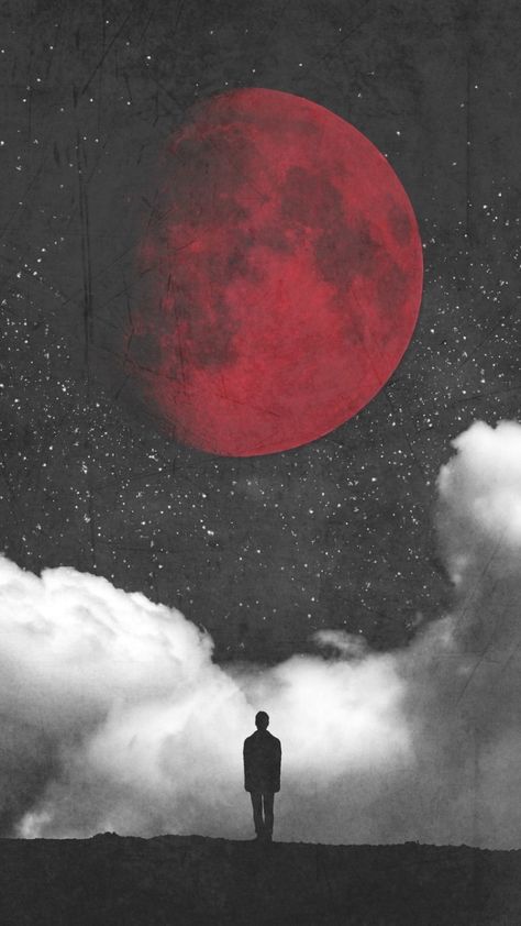 Man and red moon, full moon, clouds, fantasy, silhouette, 720x1280 wallpaper Fantasy Silhouette, Moon Full, Oil Painting Inspiration, Moon Clouds, Funny Iphone Wallpaper, Dance Poster, Moon Painting, Dark Art Drawings, Red Moon