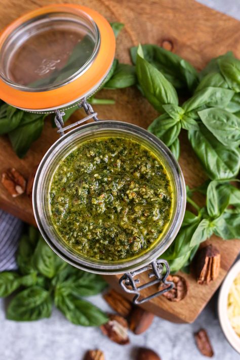 This easy recipe for homemade basil pesto without pine nuts is quick to make. Freeze batches of this pecan pesto recipe to enjoy later Basil Pecan Pesto, Pecan Pesto Recipe, Homemade Pesto Recipe Nut Free, Home Made Pesto Recipe, Pesto Without Pine Nuts Recipes, Pesto Recipe No Nuts, Pesto Recipe Without Pine, Fresh Pesto Recipe, Recipes Using Pesto