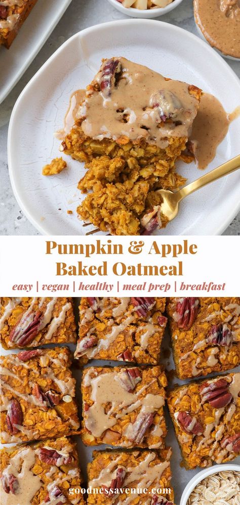 Sliced up baked oatmeal. Vegan Pumpkin Apple Baked Oatmeal, Vegan Pumpkin Oatmeal Bake, Apple Pumpkin Oatmeal Bake, Vegan Baked Pumpkin Oatmeal, Pumpkin Oatmeal Recipes Breakfast, Apple Pumpkin Oatmeal, Pumpkin Oatmeal Dessert, Pumpkin Oats Healthy, Healthy Gf Pumpkin Recipes