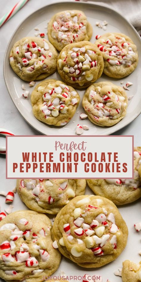 White Chocolate Peppermint Cookies - easy and festive Christmas cookies for your holiday baking needs! Soft, thick and chewy cookies filled with white chocolate chips and peppermint pieces. Fun dessert for holiday parties, cookie exchange and more! Christmas Cookies Peppermint Chocolate, Peppermint White Chocolate Sugar Cookies, Holiday Cookies Peppermint, Christmas Cookies With Peppermint, Cookie Recipes Peppermint, White Chocolate Chip Candy Cane Cookies, White Choc Peppermint Cookies, Sugar Peppermint Cookies, Gluten Free White Chocolate Peppermint Cookies