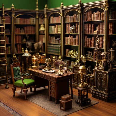 miniature scale green themed library, wooden furniture, Victorian style Miniature Library Room, Library Dollhouse, Library Diorama, Victorian Dollhouse Interior, Library Miniature, Miniatures Display, Victorian Dollhouse Furniture, Dark Academia Interior, Dollhouse Miniatures Rooms