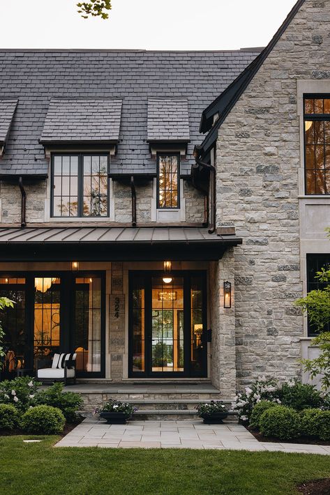 Contemporary Tudor Exterior, Exterior Transitional Homes, Scottish Home Exterior, Stone House Black Windows, Modern Stone Cottage Exterior, Stone House With Porch, New Houses That Look Old, Stone Exterior Houses Modern, Traditional Modern Home Exterior