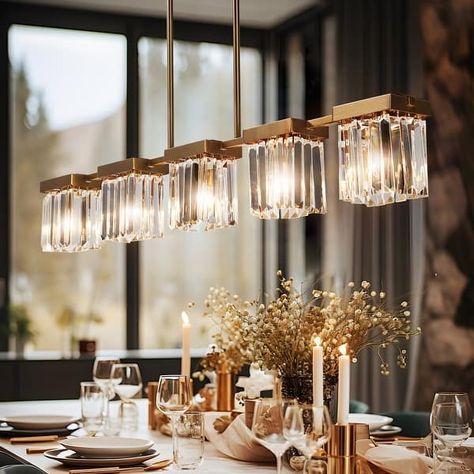 Diore Modern 5-Light Crystal Oversized Chandelier Gold Linear Glam Island Lights for Dining Room - L40.2"*H60" - On Sale - Bed Bath & Beyond - 39095343 Modern Gold Chandelier, Lights For Dining Room, Kitchen Island Lights, Island Chandelier, Kitchen Chandelier, Kitchen Island Chandelier, Dining Room Light Fixtures, Rectangle Chandelier, Island Pendant Lights