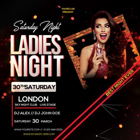 Download Ladies Club Free PSD Flyer Template in PSD format. This freebie flyer is suitable for instagram post in square version. Flyer works perfect for any night party or other other events.  #flyer #template #flyers Social Advertising Design, Typography Ads, Events Flyer, Brochure Design Layouts, For Instagram Post, Free Psd Flyer Templates, Party Ladies, Flyer Free, Web Design Tools