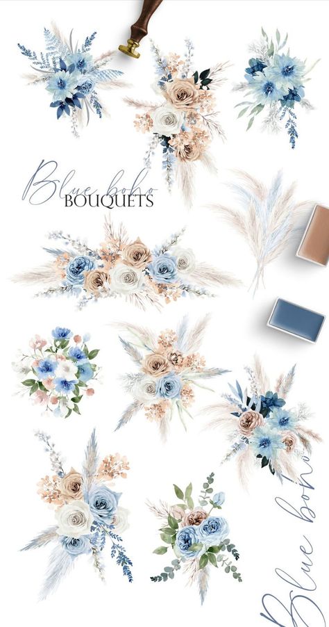 Watercolor Flower - Boho Bluerose Blue And Beige Flower Arrangement, Blue And Beige Flowers, Dusty Blue Dried Flower Bouquet, Dusty Blue Flower Crown, Dusty Blue Wedding Theme Decor, Boho Blue Bouquet, Boho Blue Centerpiece, Boho Wedding Decorations Dusty Blue, Ice Blue Flowers