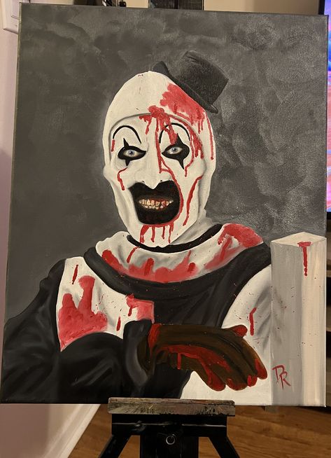 Halloween Theme Painting Canvas, Scary Paintings Easy Canvas, Art The Clown Pumpkin, Art The Clown Painting, Painting Ideas On Canvas Horror, Scary Movie Paintings, Terrifier Painting, Art The Clown Fanart, Terrifier Fanart