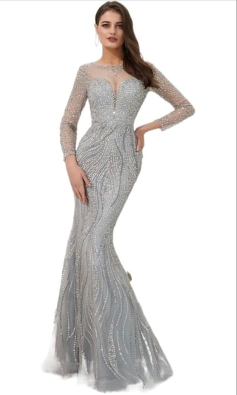 GIFTMAN Luxury Long Sleeve Evening Dresses Elegant Beaded Crystals Mermaid Sparkly Grey Formal Evening Gowns (Color : Gray, US Size : 10) Popular Wedding Dresses, Mermaid Evening Dress, Bridal Gowns Mermaid, Long Prom Gowns, Wedding Dresses Beaded, Jewel Neckline, Mermaid Evening Dresses, Long Wedding Dresses, Cheap Prom Dresses