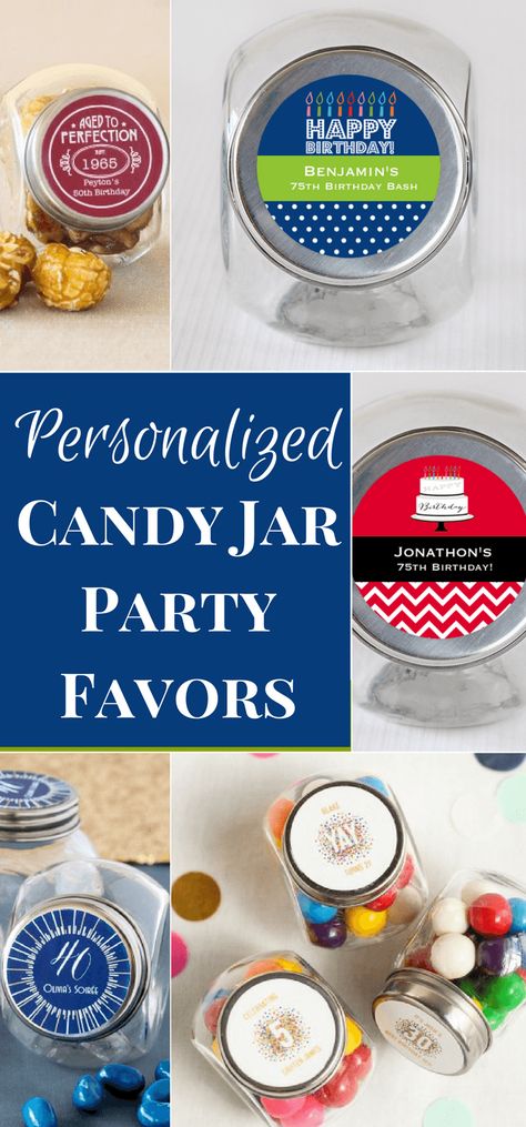 Candy Jar Party Favors - Adorable personalized candy jars are fun party favors for any birthday party!  So many styles and colors - the hardest part will be choosing the right one!  Click to purchase or get ideas on how to fill the candy jars. 75th Birthday Party Favors, 80th Birthday Favors, Jar Party Favors, Personalized Candy Jars, 90th Birthday Decorations, 80th Birthday Decorations, Easy Party Favor, 90th Birthday Invitations, 75th Birthday Parties