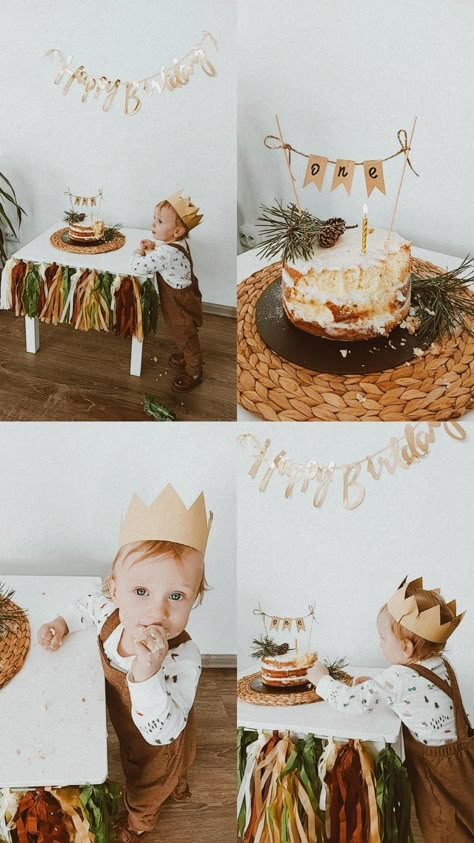 Wood Theme Party 1st Birthdays, Simple Wild One Birthday Party, Into The Woods Birthday Theme, 12 Month Photo Display Birthday Ideas, Woods First Birthday Party, One Year Old Simple Birthday, Nature 1st Birthday Party, 1st Birthday Party Simple, Minimalist One Year Old Birthday Party