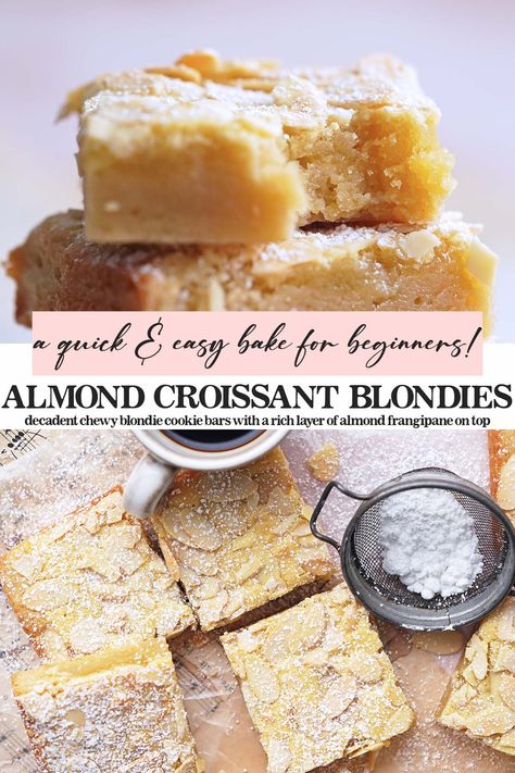 Almond Croissant Blondies Recipe French Pastry Desserts, Almond Filling Desserts, Easy Flour Desserts, Almond Bars Recipe Simple, Scandinavian Almond Bars, Almond Cake And Pastry Filling Recipes, Sweet And Savory Cookies, Almond Blondies Recipe, Almond Croissant Blondies