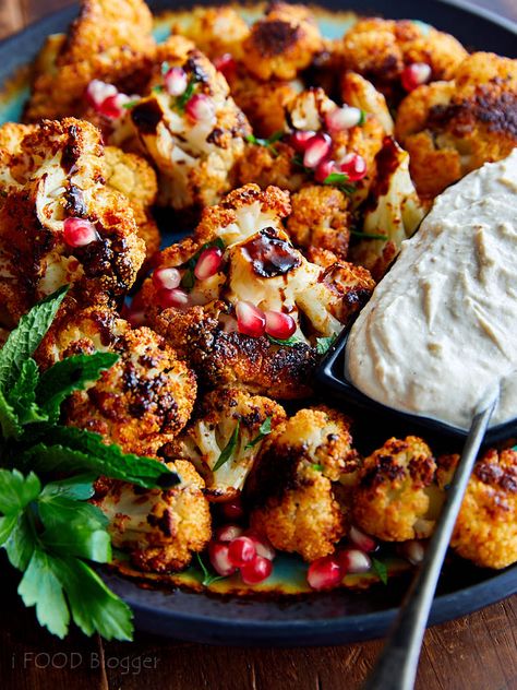 Roasted Cauliflower with Tahini Sauce and Pomegranate Molasses - i FOOD Blogger Cauliflower Tahini Pomegranate, Cauliflower Pomegranate Recipes, Cauliflower Pomegranate Salad, Pomegranate Molasses Uses, Cauliflower Pomegranate, Cauliflower With Tahini Sauce, Crispy Roasted Cauliflower, Roasted Cauliflower With Tahini, Cauliflower With Tahini