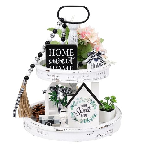 PRICES MAY VARY. Package Includes: This package contains a farmhouse two-tiered tray and 5pcs of wooden signs and beads (sweet home sign*1, Cathedral arch window*1, wooden truck*1, house-shaped sign*1, wooden bead garland with tassel*1). Dimension: The height of this tray is 15.75” in total (7.87” of each layer). The diameter of the bottom tray is 13.39” and the diameter of the top tray is 9.84”. These wooden signs all fit the tray well. They are in harmony with each other to make an impressive Buffalo Plaid Decor, Simply Blessed, Table Decor Living Room, Plaid Decor, Wooden Bead Garland, Kitchen Table Decor, Rustic Kitchen Decor, House Decorations, Rustic Table