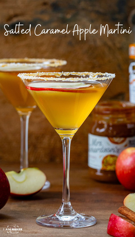 This Salted Caramel Apple Martini mixes crisp apple cider and caramel vodka, finished with a sweet and salty caramel-salted rim. If you want a drink that will take you right into the Fall season, this is it! But, I can see myself sipping on this martini all year long! Salted Caramel Mixed Drink, Salted Caramel Apple Martini, Fall Apple Martini, Caramel Vodka Drinks Recipes, Caramel Vodka Cocktails, Caramel Apple Martini Recipe, Salted Caramel Vodka Recipes, Salted Caramel Vodka Drinks, Apple Vodka Drinks