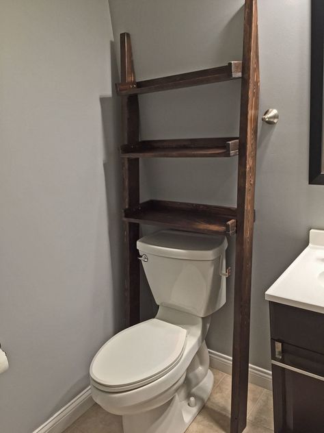 Small Apartment Bathroom Storage, Bathroom Ladder Shelf, Bathroom Ikea, Over The Toilet Ladder, Ladder Shelf Diy, Bathroom Ladder, Small Apartment Bathroom, Toilet Shelves, Diy Regal