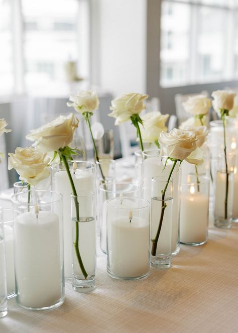 Single Stem Table Decor Wedding, Simple Single Flower Centerpieces, Single Stem Flower Centerpieces, Single Stem Rose Centerpiece, Single Rose In Vase Centerpiece, Single Stem Tablescape, Simple White Rose Table Decor, Long Stem Rose Centerpiece Wedding, Single Stem Floral Centerpieces