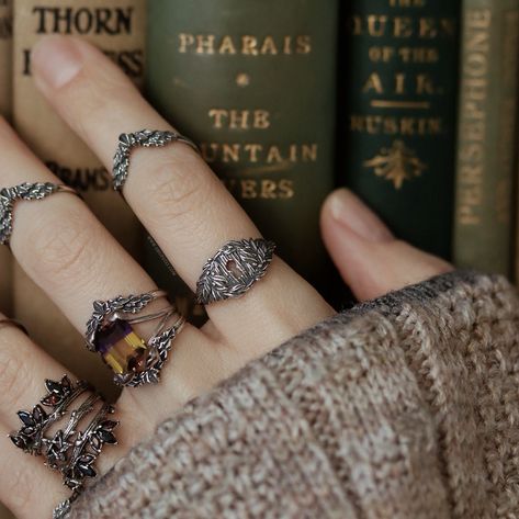 Our brand new stackers are giving 'the comfy, perfectly worn-in vintage denims of your ring wardrobe' vibes 😜 shopdixi.com Witchcore Accessories, Fantasy Rings Aesthetic, Dark Cottagecore Jewelry, Witch Jewelry Aesthetic, Nature Witch Aesthetic, Vintage Jewelry Aesthetic, Fantasy Rings, Dark Academia Jewelry, Afro Jewelry