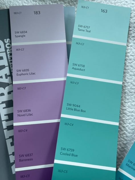 Fav is the third one down unless you want really intense color Purple And Turquoise Wall, Aesthetic Colour For Bedroom, Purple Wall Design Paint, Purple Painted Walls, Wall Paint Purple, Teal And Purple Bedroom, Turquoise And Purple Bedroom, Turqoise Bedroom, Latest Bathroom Tiles Design