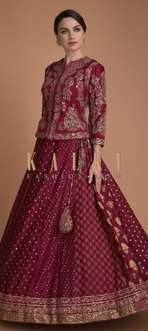 Long Blouse Designs For Lehenga Choli, Lehnga Choli Designer, Kalki Sarees, Choli Designs Blouses, Buy Lehenga Online, Long Choli Lehenga, Sangria Red, Wedding Dresses For Women, Indian Dresses For Women