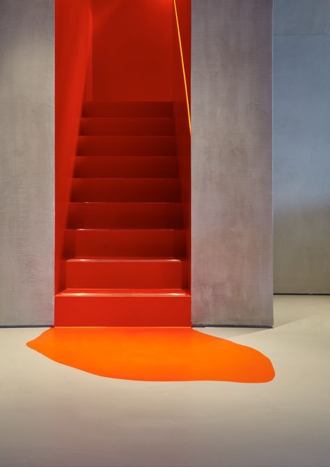 Butik Design, Basement Stairs, Painted Stairs, 카페 인테리어 디자인, Stair Decor, Orange Paint, Wall Finishes, Staircase Design, Stairs Design