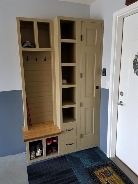 We needed a broom closet and storage in our garage. Bench area to put on shoes or boots, with shoe/boot storage below. We live in a northern climate and use our garage as a refrigerator in the winter time, so the shelves are to store items on, and drawers to install misc. outdoor items. Garage Boot Bench, Garage Broom Closet, Small Broom Closet, Diy Broom Closet, Lark Bunting, Garage Bench, Boot Bench, Closet Storage Ideas, Feed Room