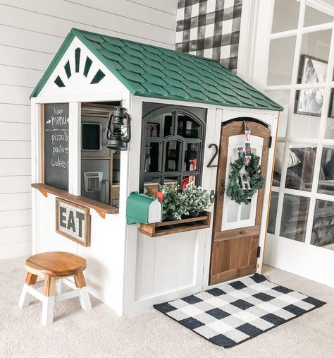 a diy gender neutral modern playhouse • Diy Playhouse Kitchen Ideas, Playroom Playhouse Diy, Diy Playhouse Decor Ideas, Play Houses Indoor, Playhouse With Kitchen, Gender Neutral Playhouse, Playhouse Playroom, Kidkraft Playhouse Makeover Diy, Modern Playhouse Makeover