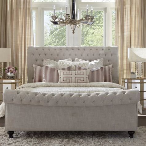 King Tufted Bed, Upholstered Sleigh Bed Decor, King Size Master Bedrooms Luxury, Tufted Sleigh Bed Bedroom Ideas, King Size Bed Master Bedrooms Luxury, Sleigh Bed Bedroom Ideas, Grey Sleigh Bed, King Size Bed Master Bedrooms, Tufted Sleigh Bed