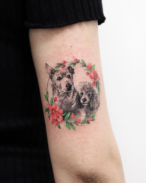 dogs tattoo © Deborah Genchi Two Dogs Tattoo, Dog Tattoos For Women, Dog Tattoo Ideas Memorial, Tattoo Ideas Memorial, Cat And Dog Tattoo, Poodle Tattoo, Pet Tattoos, Dogs Tattoo, Dog Tattoo Ideas