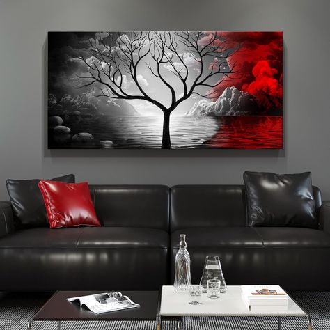 PRICES MAY VARY. Large Format for a Stunning Visual Experience: Measuring an impressive 40x20 inches, this black and white wall art painting offers a grand artistic statement. The use of red along with classic black and white tones brings trees, mountains, stones, sea surfaces, clouds, and flying birds vibrantly to life, creating a captivating focal point in any room. Versatile for Multiple Spaces: Ideal for a range of settings, this stunning artwork is perfectly suited for your home, whether it Red And Black Office Decor Ideas, Red And Black Living Room Ideas, Wall Art For Men Bedroom, Red Apartment Decor, Apartment Decorating Modern, Red Living Room Decor, Dark Academia Wall Art, Academia Wall Art, Morden Art