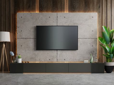 Free Photo | Tv on cabinet the in modern living room on concrete wall, 3d rendering Cement Room, Terrazzo Wallpaper, Modern Tv Room, Modern Tv Units, Concrete Wallpaper, Modern Tv Wall, Tv Wall Design, Tv Unit Design, Interior Wall Design