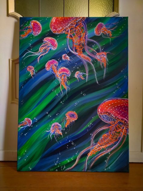 Illustration jellyfish painting water Marine Life Painting Acrylic, Jelly Fish Painting Acrylic, Jellyfish Paintings, Jellyfish Illustration, Ocean Art Painting, Sea Creatures Art, Abstract Painting Diy, Jellyfish Painting, Jellyfish Art