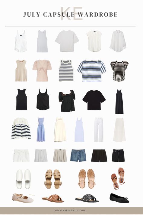 July Capsule Wardrobe #warmweathercapsulewardrobe #summercapsulewardrobe Karin Emily, Travel Capsule Wardrobe Summer, Emily Style, Capsule Wardrobe Minimalist, Spring Summer Capsule Wardrobe, 30 Outfits, Cruel Summer, Travel Capsule Wardrobe, Summer Capsule