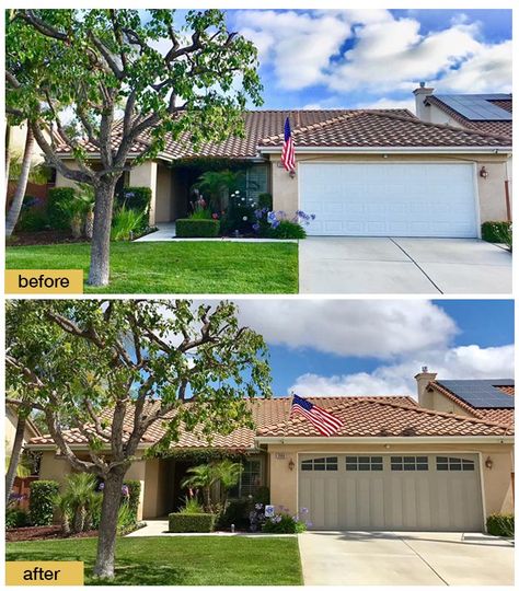 June 2018 Garage Door Makeover Before & After Photo Curb Appeal Garage Door, Garage Door Before And After, Garage Door Colors With Tan House, Cream Colored Houses, Garage Door Update, Exterior Garage Door, Garage Door Ideas, Carriage House Garage Doors, Garage Door Colors